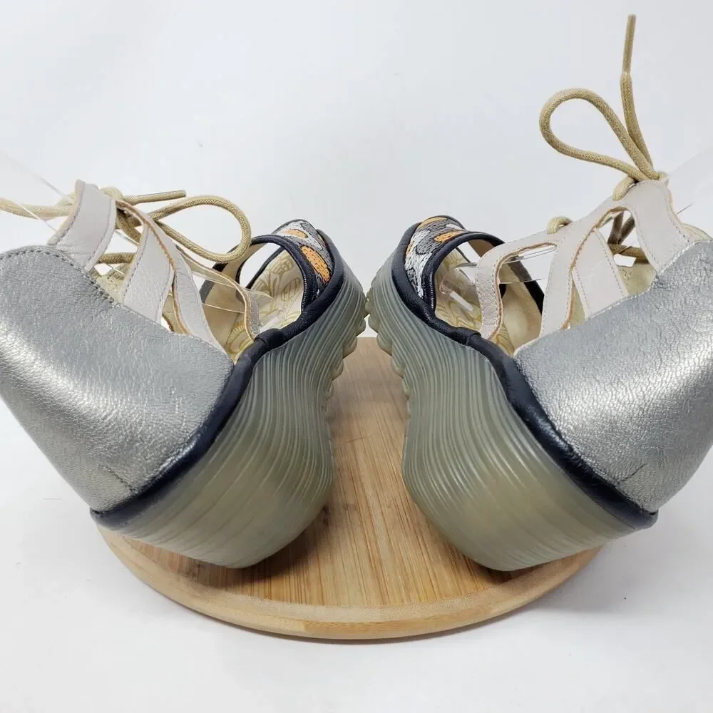 Fly London Yafi Wedge Sandals‎ Womens 39 Silver Platform Wedge Lace Up Shoes